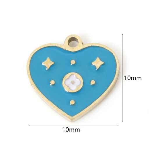 Picture of 2 PCs Eco-friendly PVD Vacuum Plating 304 Stainless Steel Valentine's Day Charms 18K Real Gold Plated Blue Heart Enamel 10mm x 10mm