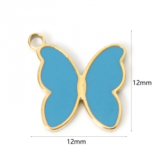 Picture of 2 PCs Eco-friendly PVD Vacuum Plating 304 Stainless Steel Insect Charms 18K Real Gold Plated Blue Butterfly Animal Enamel 12mm x 12mm