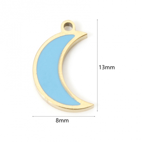 Picture of 2 PCs Eco-friendly PVD Vacuum Plating 304 Stainless Steel Galaxy Charms 18K Real Gold Plated Blue Half Moon Enamel 13mm x 8mm