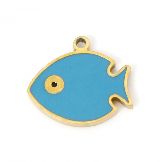 Picture of 2 PCs Eco-friendly PVD Vacuum Plating 304 Stainless Steel Ocean Jewelry Charms 18K Real Gold Plated Blue Fish Animal Enamel 11mm x 10mm