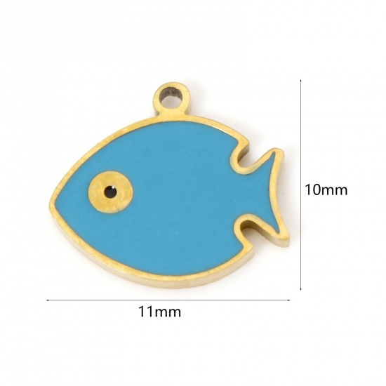 Picture of 2 PCs Eco-friendly PVD Vacuum Plating 304 Stainless Steel Ocean Jewelry Charms 18K Real Gold Plated Blue Fish Animal Enamel 11mm x 10mm