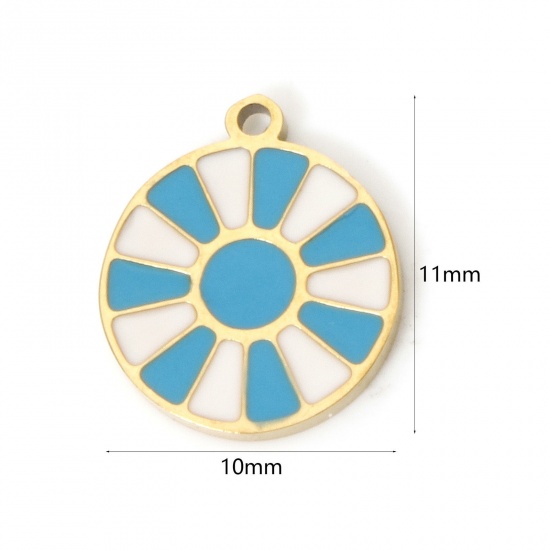 Picture of 2 PCs Eco-friendly PVD Vacuum Plating 304 Stainless Steel Galaxy Disc Charms 18K Real Gold Plated Blue Round Sun Enamel 11mm x 10mm