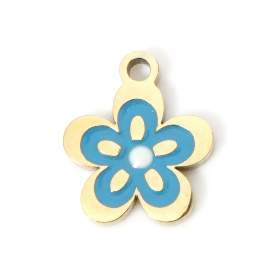 Picture of 2 PCs Eco-friendly PVD Vacuum Plating 304 Stainless Steel Flora Collection Charms 18K Real Gold Plated Blue Flower Enamel 11mm x 9mm