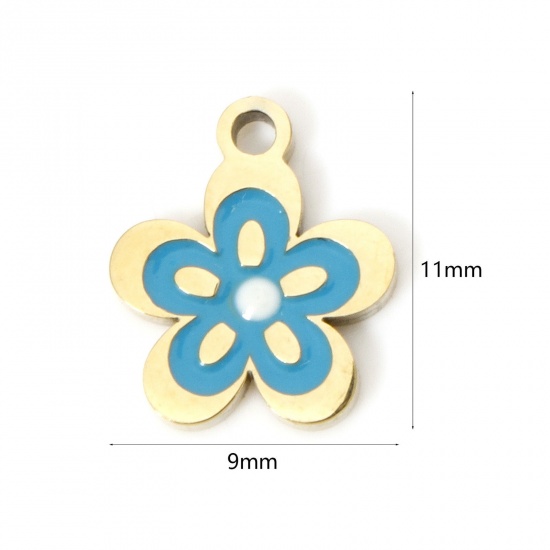 Picture of 2 PCs Eco-friendly PVD Vacuum Plating 304 Stainless Steel Flora Collection Charms 18K Real Gold Plated Blue Flower Enamel 11mm x 9mm