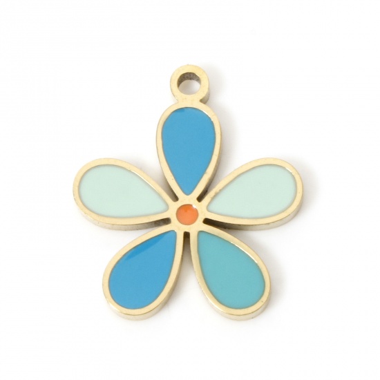 Picture of 2 PCs Eco-friendly PVD Vacuum Plating 304 Stainless Steel Flora Collection Charms 18K Real Gold Plated Blue Flower Enamel 15.5mm x 13.5mm