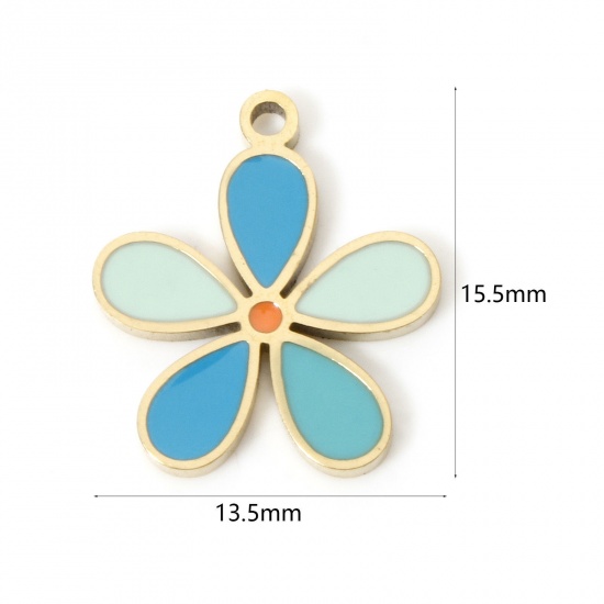 Picture of 2 PCs Eco-friendly PVD Vacuum Plating 304 Stainless Steel Flora Collection Charms 18K Real Gold Plated Blue Flower Enamel 15.5mm x 13.5mm