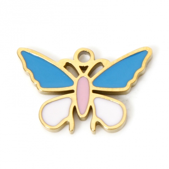 Picture of 2 PCs Eco-friendly PVD Vacuum Plating 304 Stainless Steel Insect Charms 18K Real Gold Plated Blue Butterfly Animal Enamel 15mm x 10mm