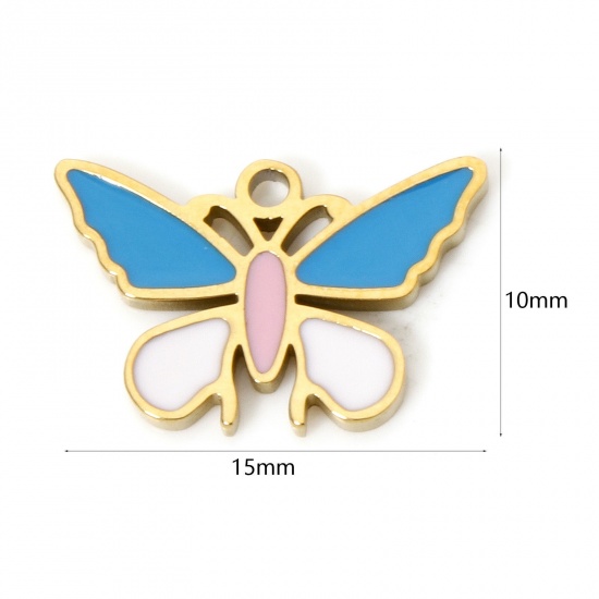 Picture of 2 PCs Eco-friendly PVD Vacuum Plating 304 Stainless Steel Insect Charms 18K Real Gold Plated Blue Butterfly Animal Enamel 15mm x 10mm