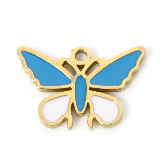 Picture of 2 PCs Eco-friendly PVD Vacuum Plating 304 Stainless Steel Charms 18K Real Gold Plated Blue Enamel 15mm x 10mm