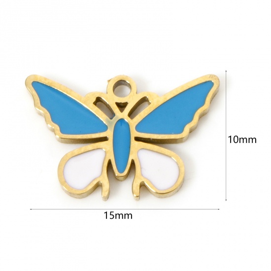 Picture of 2 PCs Eco-friendly PVD Vacuum Plating 304 Stainless Steel Charms 18K Real Gold Plated Blue Enamel 15mm x 10mm