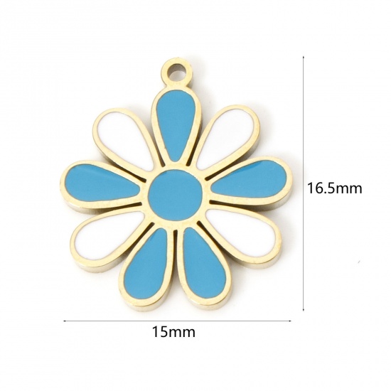 Picture of 2 PCs Eco-friendly PVD Vacuum Plating 304 Stainless Steel Charms 18K Real Gold Plated Blue Enamel 16.5mm x 15mm