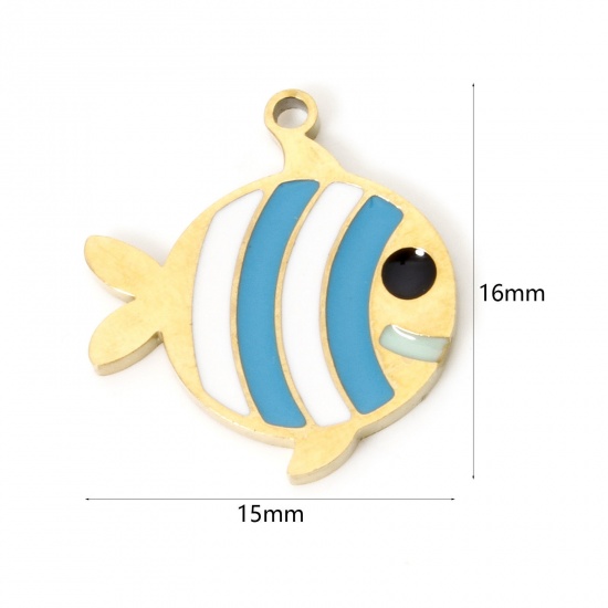 Picture of 2 PCs Eco-friendly PVD Vacuum Plating 304 Stainless Steel Charms 18K Real Gold Plated Blue Enamel 16mm x 15mm