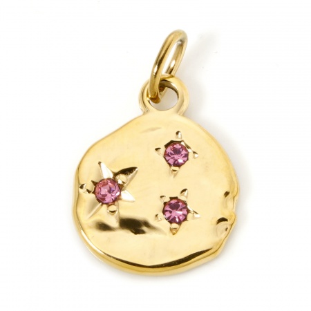 Picture of 1 Piece Eco-friendly PVD Vacuum Plating Waterproof Anti-Tarnish Hypoallergenic 304 Stainless Steel Galaxy Disc Charms 14K Real Gold Plated Irregular Star Hot Pink Rhinestone 23mm x 15mm