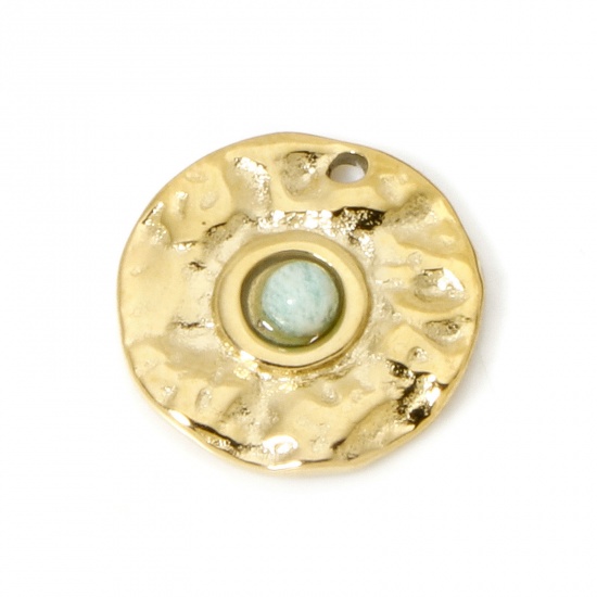 Immagine di 1 Pz Placcatura Sottovuoto PVD Ecologica 304 Acciaio Inossidabile Ciondoli Tondo 14K Vero Oro Placcato Blu Con Cabochon di Gemma Sintetica 15mm Dia.
