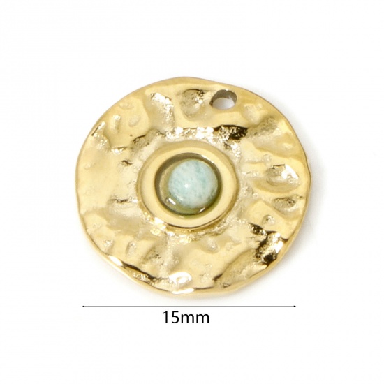 Immagine di 1 Pz Placcatura Sottovuoto PVD Ecologica 304 Acciaio Inossidabile Ciondoli Tondo 14K Vero Oro Placcato Blu Con Cabochon di Gemma Sintetica 15mm Dia.