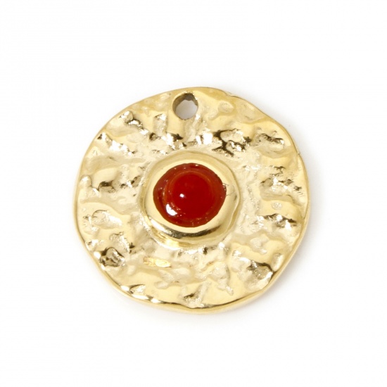 Immagine di 1 Pz Placcatura Sottovuoto PVD Ecologica 304 Acciaio Inossidabile Ciondoli Tondo 14K Vero Oro Placcato Rosso Con Cabochon di Gemma Sintetica 15mm Dia.