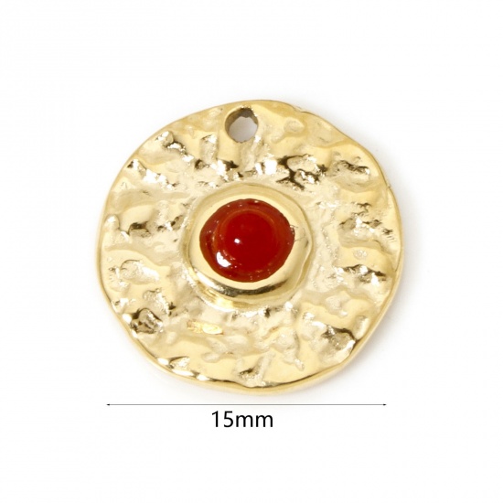 Immagine di 1 Pz Placcatura Sottovuoto PVD Ecologica 304 Acciaio Inossidabile Ciondoli Tondo 14K Vero Oro Placcato Rosso Con Cabochon di Gemma Sintetica 15mm Dia.