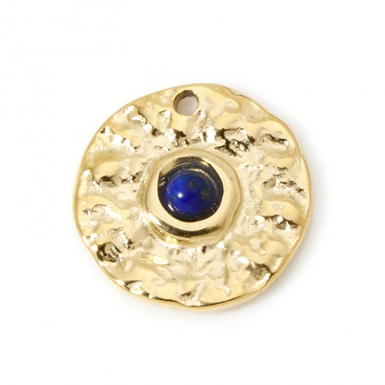 Immagine di 1 Pz Placcatura Sottovuoto PVD Ecologica 304 Acciaio Inossidabile Ciondoli Tondo 14K Vero Oro Placcato Blu Scuro Con Cabochon di Gemma Sintetica 15mm Dia.