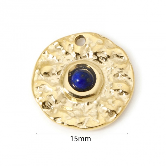 Immagine di 1 Pz Placcatura Sottovuoto PVD Ecologica 304 Acciaio Inossidabile Ciondoli Tondo 14K Vero Oro Placcato Blu Scuro Con Cabochon di Gemma Sintetica 15mm Dia.