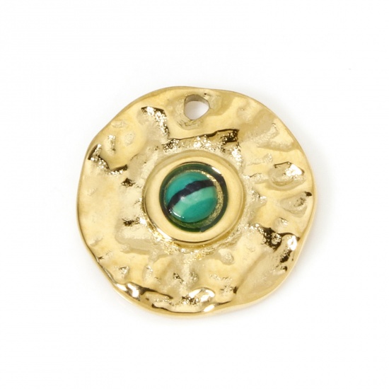 Immagine di 1 Pz Placcatura Sottovuoto PVD Ecologica 304 Acciaio Inossidabile Ciondoli Tondo 14K Vero Oro Placcato Verde Con Cabochon di Gemma Sintetica 15mm Dia.
