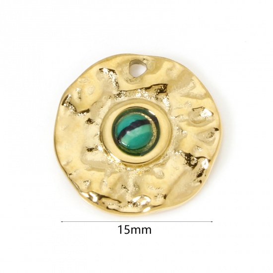 Immagine di 1 Pz Placcatura Sottovuoto PVD Ecologica 304 Acciaio Inossidabile Ciondoli Tondo 14K Vero Oro Placcato Verde Con Cabochon di Gemma Sintetica 15mm Dia.