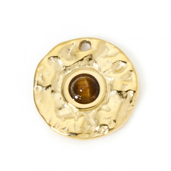 Immagine di 1 Pz Placcatura Sottovuoto PVD Ecologica 304 Acciaio Inossidabile Ciondoli Tondo 14K Vero Oro Placcato Marrone Con Cabochon di Gemma Sintetica 15mm Dia.