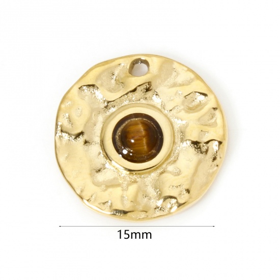 Immagine di 1 Pz Placcatura Sottovuoto PVD Ecologica 304 Acciaio Inossidabile Ciondoli Tondo 14K Vero Oro Placcato Marrone Con Cabochon di Gemma Sintetica 15mm Dia.