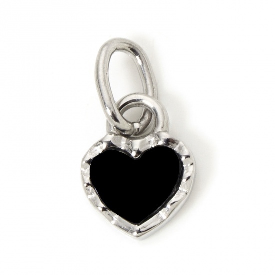 Bild von 1 Stück Umweltfreundliche PVD-Vakuumbeschichtung 304 Edelstahl Valentinstag Charms Herz Echt Platin plattiert Schwarz Emaille 15mm x 8mm