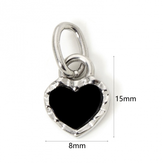 Bild von 1 Stück Umweltfreundliche PVD-Vakuumbeschichtung 304 Edelstahl Valentinstag Charms Herz Echt Platin plattiert Schwarz Emaille 15mm x 8mm