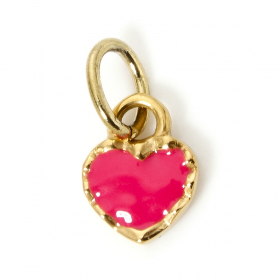 Bild von 1 Stück Umweltfreundliche PVD-Vakuumbeschichtung 304 Edelstahl Valentinstag Charms Herz 14K Echtgold plattiert Fuchsie Emaille 15mm x 8mm