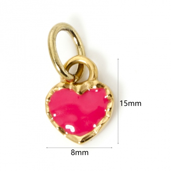 Bild von 1 Stück Umweltfreundliche PVD-Vakuumbeschichtung 304 Edelstahl Valentinstag Charms Herz 14K Echtgold plattiert Fuchsie Emaille 15mm x 8mm