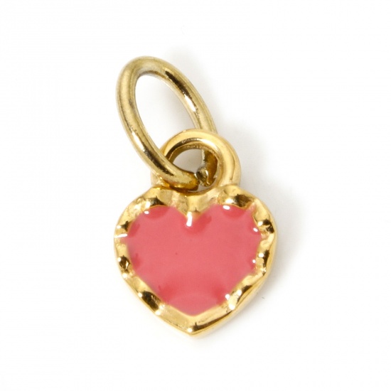 Bild von 1 Stück Umweltfreundliche PVD-Vakuumbeschichtung 304 Edelstahl Valentinstag Charms Herz 14K Echtgold plattiert Orange Rosa Emaille 15mm x 8mm