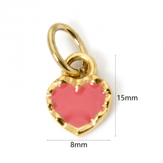 Bild von 1 Stück Umweltfreundliche PVD-Vakuumbeschichtung 304 Edelstahl Valentinstag Charms Herz 14K Echtgold plattiert Orange Rosa Emaille 15mm x 8mm