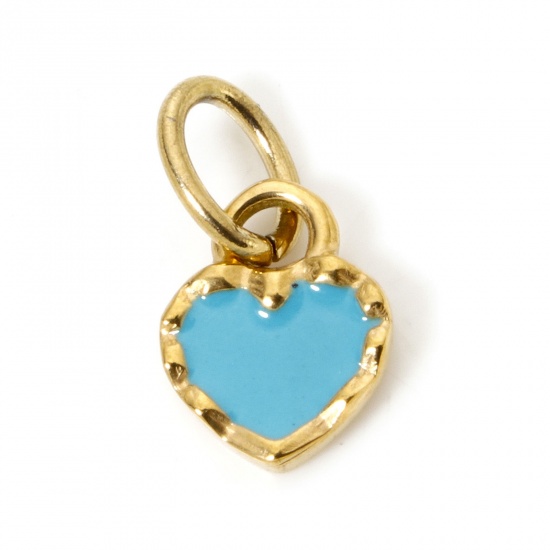 Bild von 1 Stück Umweltfreundliche PVD-Vakuumbeschichtung 304 Edelstahl Valentinstag Charms Herz 14K Echtgold plattiert Cyan Emaille 15mm x 8mm
