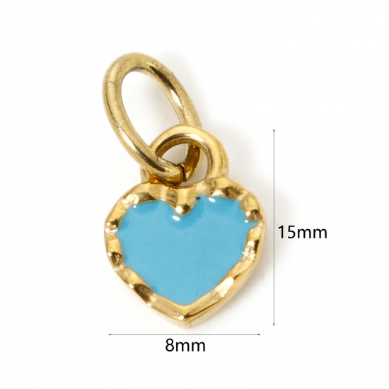Bild von 1 Stück Umweltfreundliche PVD-Vakuumbeschichtung 304 Edelstahl Valentinstag Charms Herz 14K Echtgold plattiert Cyan Emaille 15mm x 8mm