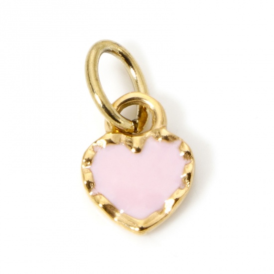 Bild von 1 Stück Umweltfreundliche PVD-Vakuumbeschichtung 304 Edelstahl Valentinstag Charms Herz 14K Echtgold plattiert Hellrosa Emaille 15mm x 8mm