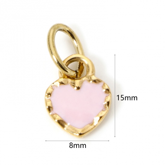 Bild von 1 Stück Umweltfreundliche PVD-Vakuumbeschichtung 304 Edelstahl Valentinstag Charms Herz 14K Echtgold plattiert Hellrosa Emaille 15mm x 8mm