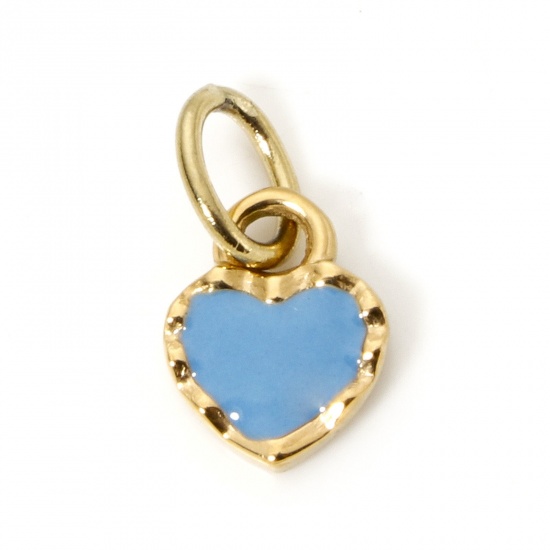 Bild von 1 Stück Umweltfreundliche PVD-Vakuumbeschichtung 304 Edelstahl Valentinstag Charms Herz 14K Echtgold plattiert Blau Emaille 15mm x 8mm