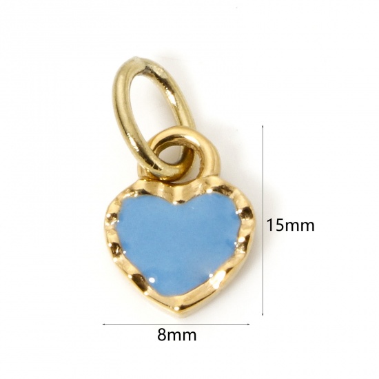 Bild von 1 Stück Umweltfreundliche PVD-Vakuumbeschichtung 304 Edelstahl Valentinstag Charms Herz 14K Echtgold plattiert Blau Emaille 15mm x 8mm