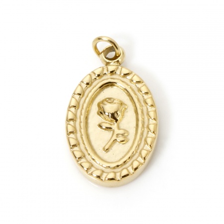 Picture of 1 Piece Eco-friendly PVD Vacuum Plating Waterproof Anti-Tarnish Hypoallergenic 304 Stainless Steel Valentine's Day Charms 14K Real Gold Plated Oval Rose Flower 16mm x 9mm