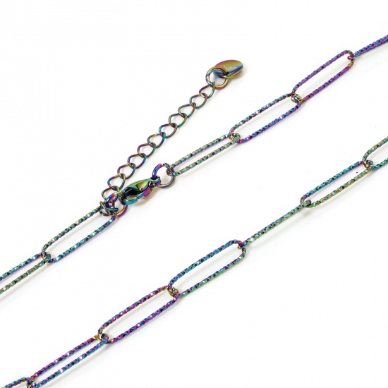 Picture of 1 Piece Eco-friendly PVD Vacuum Plating 304 Stainless Steel Paperclip Chain Necklace For DIY Jewelry Making Rainbow Color Plated With Lobster Claw Clasp And Extender Chain 40cm(15.7") long, Chain Size: 5mm