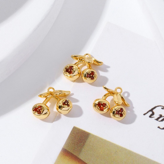 Picture of 2 PCs Brass Charms 18K Gold Plated Cherry Fruit 3D Orange-red Cubic Zirconia 10mm x 10mm