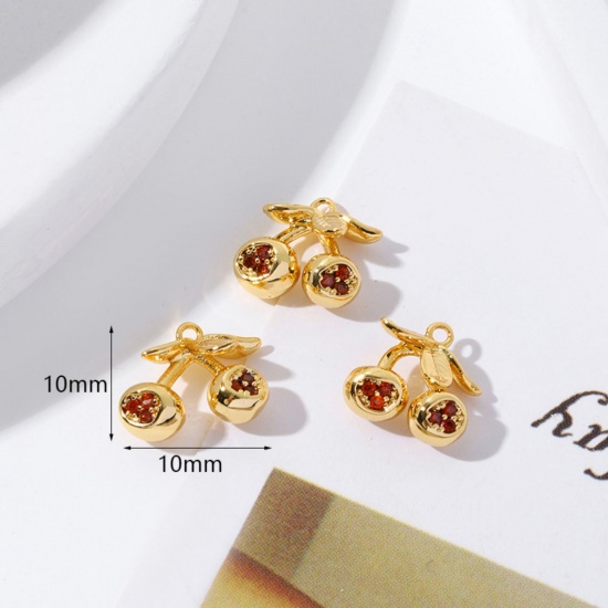 Picture of 2 PCs Brass Charms 18K Gold Plated Cherry Fruit 3D Orange-red Cubic Zirconia 10mm x 10mm