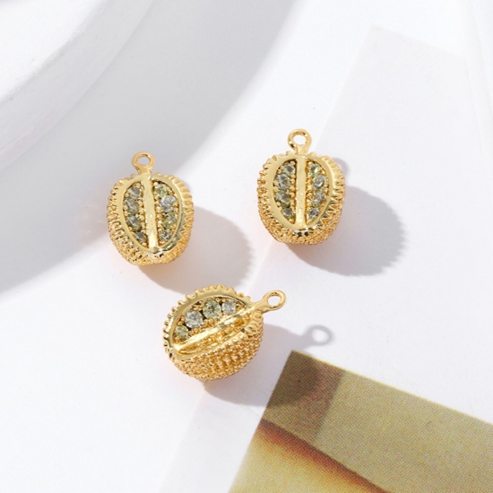 Picture of 2 PCs Brass Charms 18K Gold Plated Durian Fruit 3D Clear Cubic Zirconia 12mm x 8mm