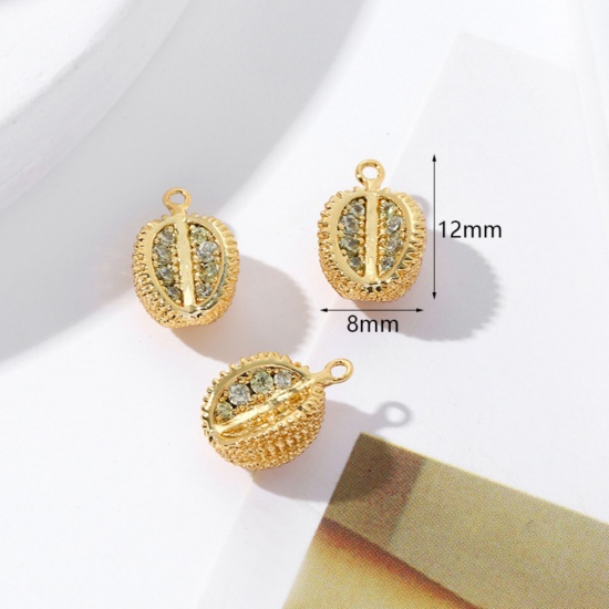 Picture of 2 PCs Brass Charms 18K Gold Plated Durian Fruit 3D Clear Cubic Zirconia 12mm x 8mm