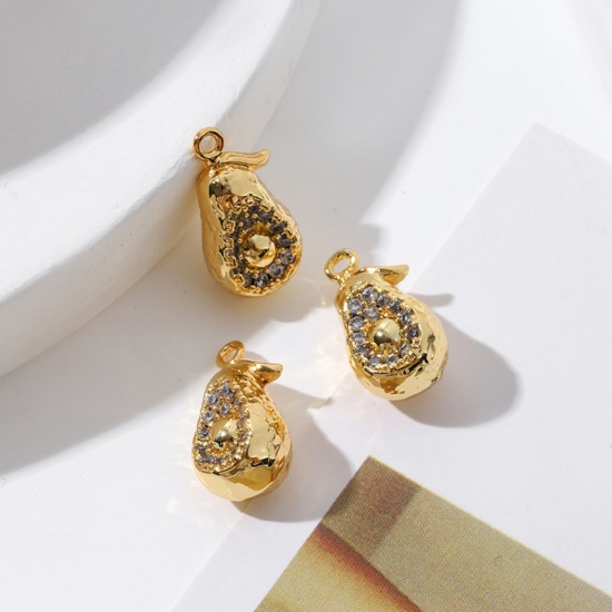 Picture of 2 PCs Brass Charms 18K Gold Plated Avocado Fruit 3D Gray Cubic Zirconia 16mm x 8mm