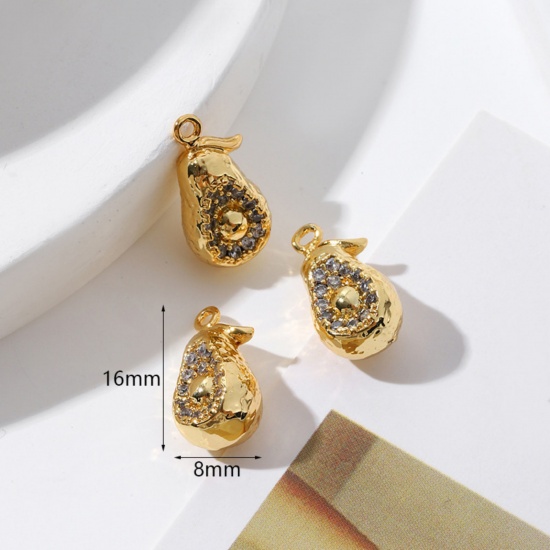 Picture of 2 PCs Brass Charms 18K Gold Plated Avocado Fruit 3D Gray Cubic Zirconia 16mm x 8mm