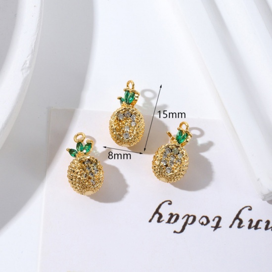 Picture of 2 PCs Brass Charms 18K Gold Plated Pineapple/ Ananas Fruit 3D Clear Cubic Zirconia Green Rhinestone 15mm x 8mm