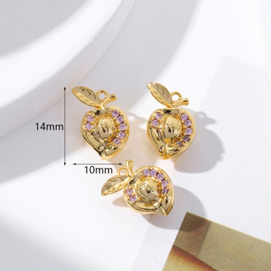 Picture of 2 PCs Brass Charms 18K Gold Plated Peach Fruit 3D Purple Cubic Zirconia 14mm x 10mm