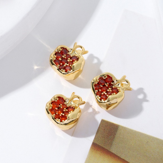 Picture of 2 PCs Brass Charms 18K Gold Plated Pomegranate Fruit 3D Red Cubic Zirconia 11mm x 10mm